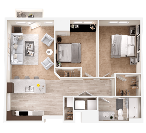 Floor plan for 2 beds, 1 bath, 793 sqft